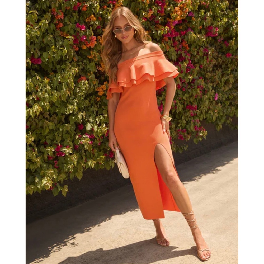 VICI Orange Ruffle Off Shoulder Midi Dress Slit Resort Wedding Guest Summer XS